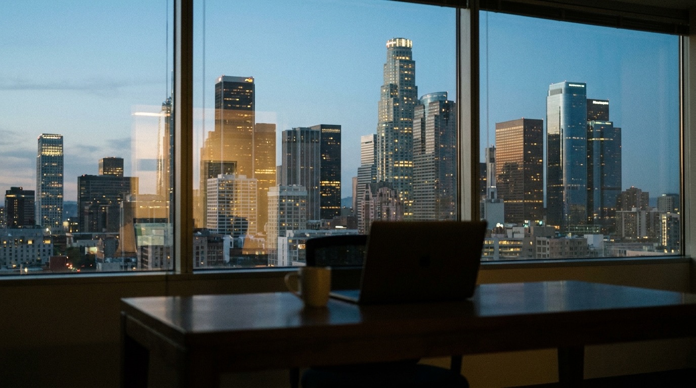 A city skyline at dusk seen through office windows, with a laptop and a coffee cup on the desk.