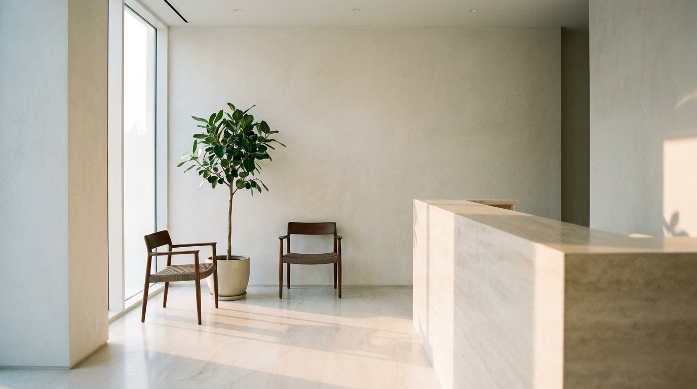 A calm clinic reception in soft daylight, with a stone desk, two chairs and a tall plant.