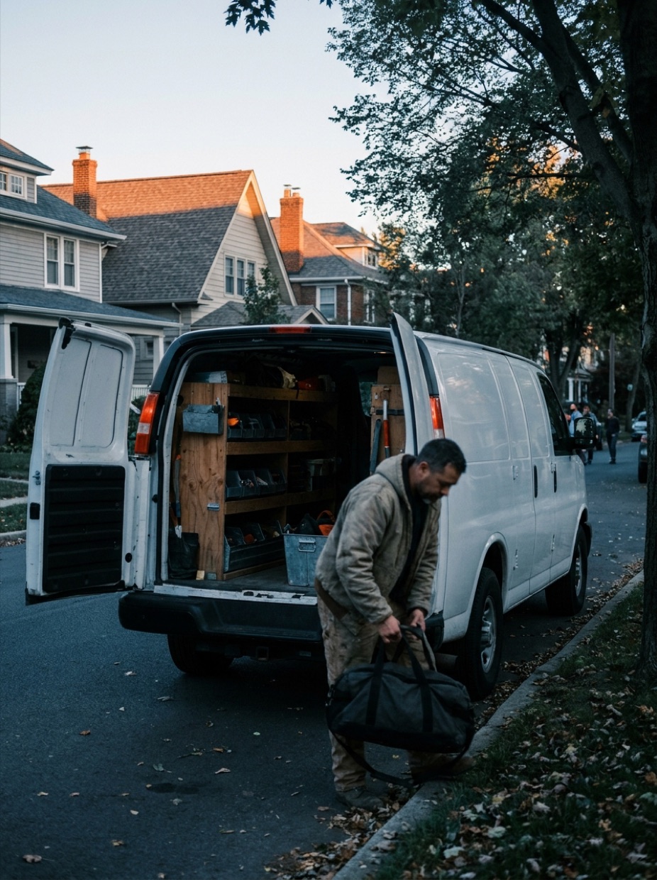 A tradesman lifts a tool bag beside an open work van on a residential street.