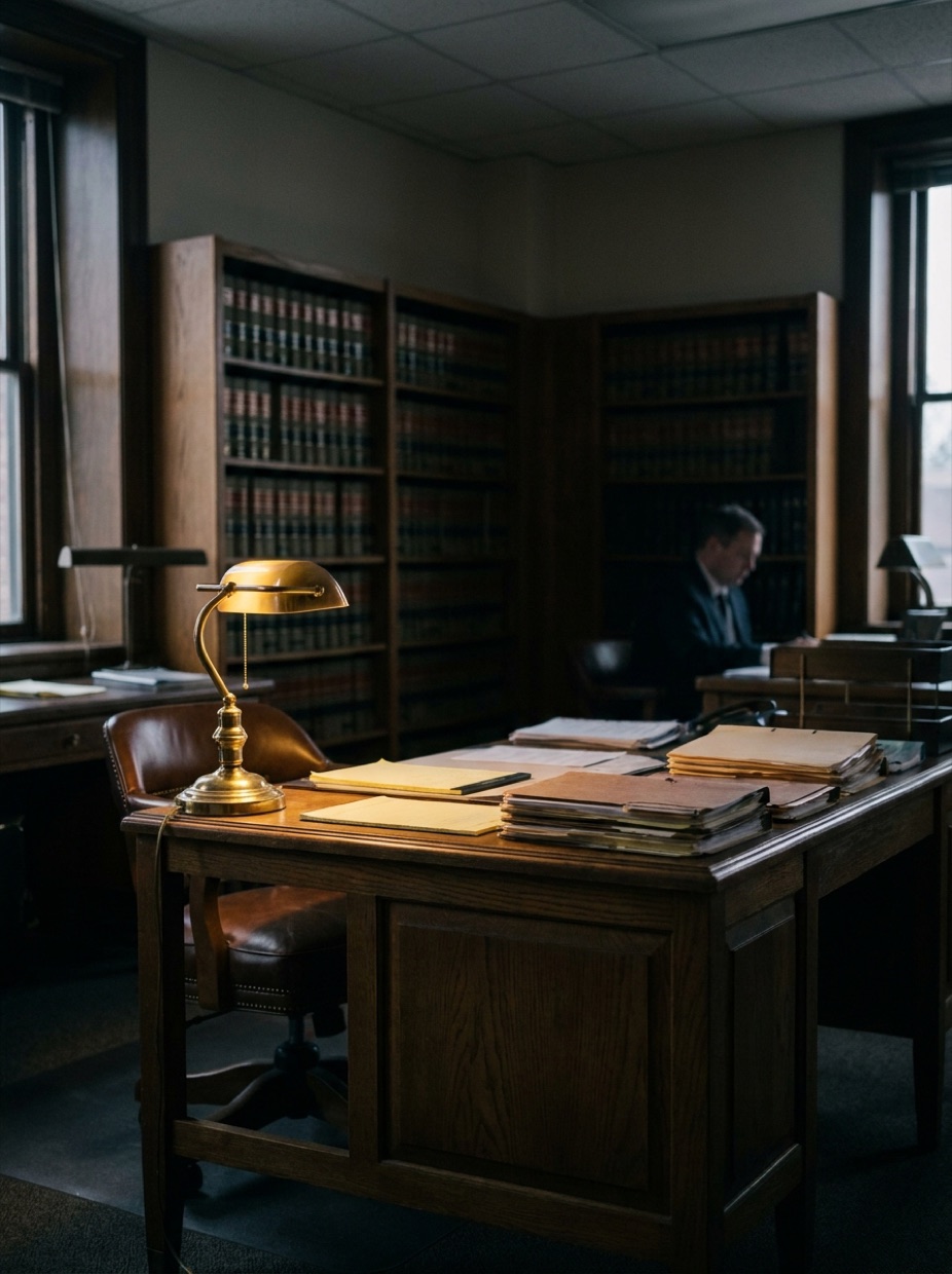 A law office in the evening, a desk lamp lighting case files in front of shelves of law books.